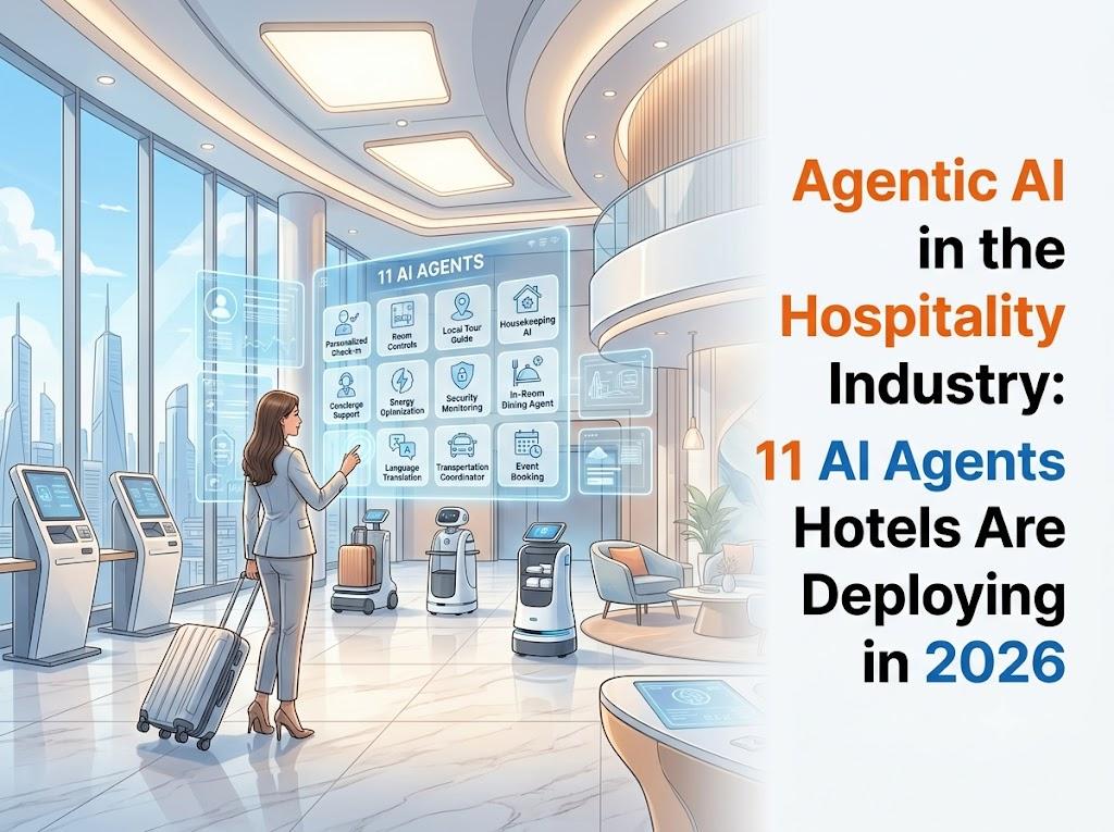 Map of 11 AI agents used in agentic AI in the hospitality industry, grouped by hotel department