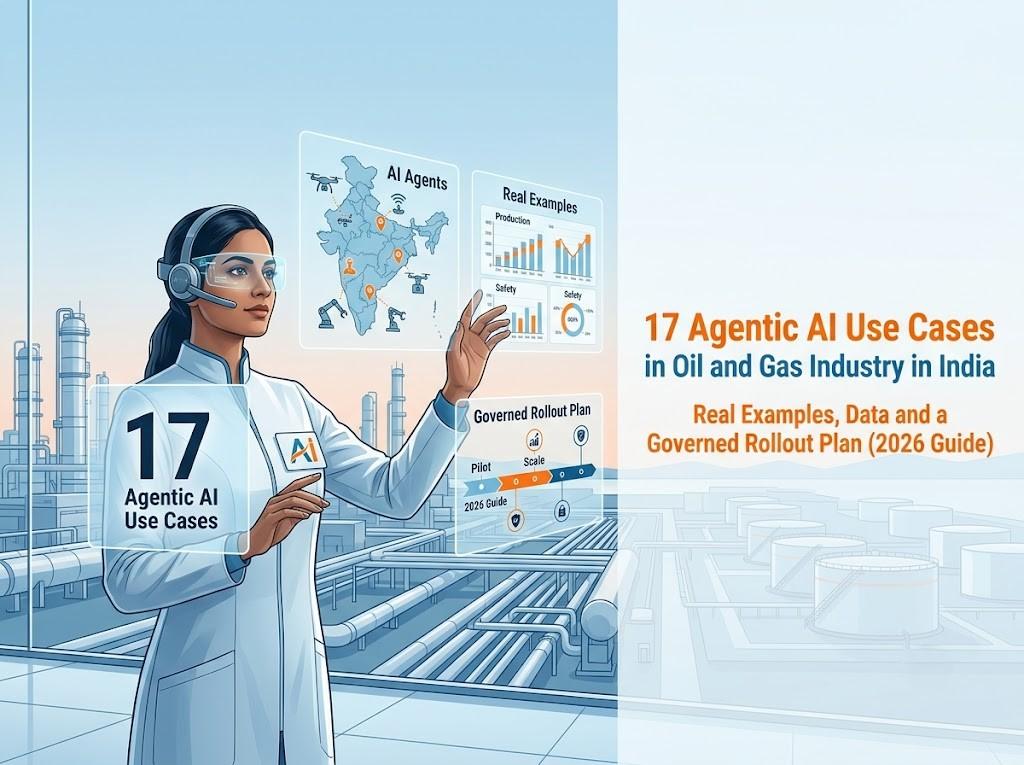 Illustration of an AI engineer reviewing agentic AI dashboards for oil and gas operations in India, covering "17 Agentic AI Use Cases in Oil and Gas Industry in India.