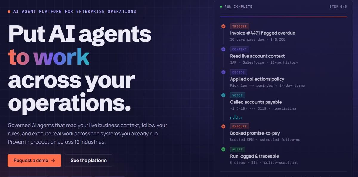 assistents.ai homepage, "Put AI agents to work across your operations", beside a sample agent run that moves from trigger through context, decision, voice call and execution to an audit log