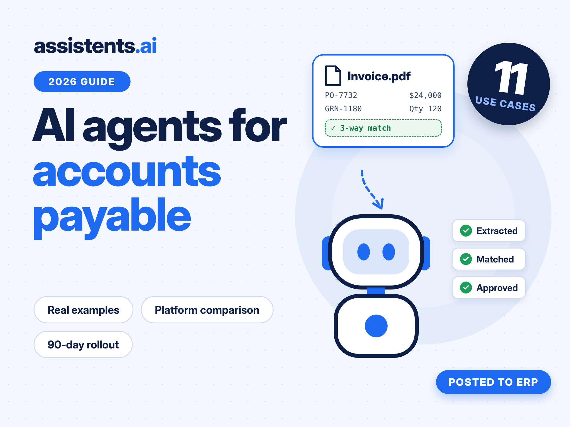AI agents for accounts payable: an invoice PDF is extracted, 3-way matched, approved and posted to ERP by an AI agent