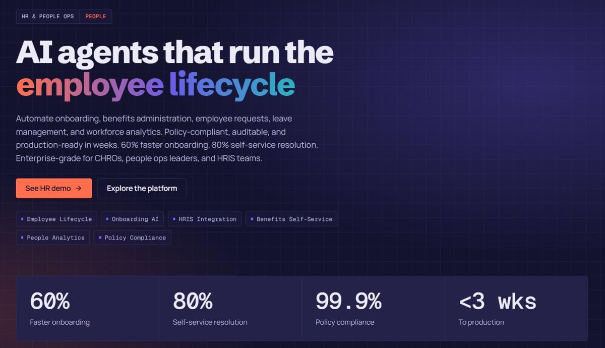 assistents.ai HR and people ops page, "AI agents that run the employee lifecycle", citing 60% faster onboarding, 80% self-service resolution, 99.9% policy compliance and under three weeks to production