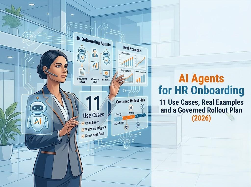 AI agents for HR onboarding: HR professional using AI dashboards for document upload, welcome chat, IT training and compliance