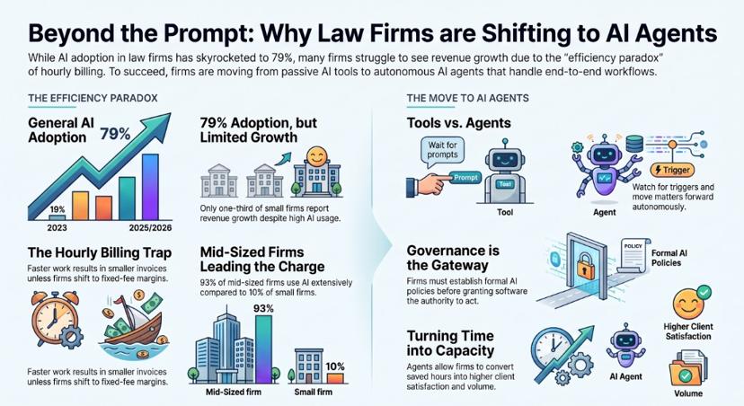 Infographic showing why law firms are shifting from AI tools to AI agents: 79% adoption with limited revenue growth, the hourly billing trap, and governance as the gateway