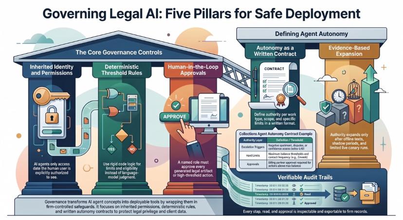 Infographic of five governance pillars for legal AI: inherited permissions, deterministic rules, human approvals, written autonomy contracts and audit trails