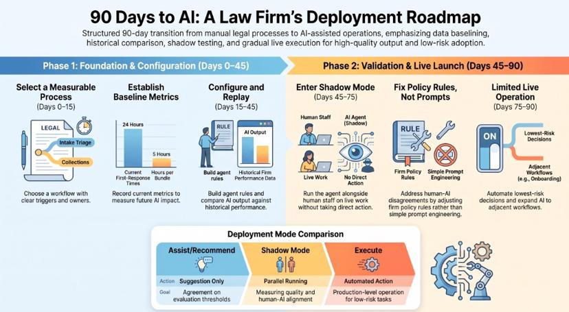 90-day law-firm AI agent deployment roadmap from baseline and shadow mode to limited live operation
