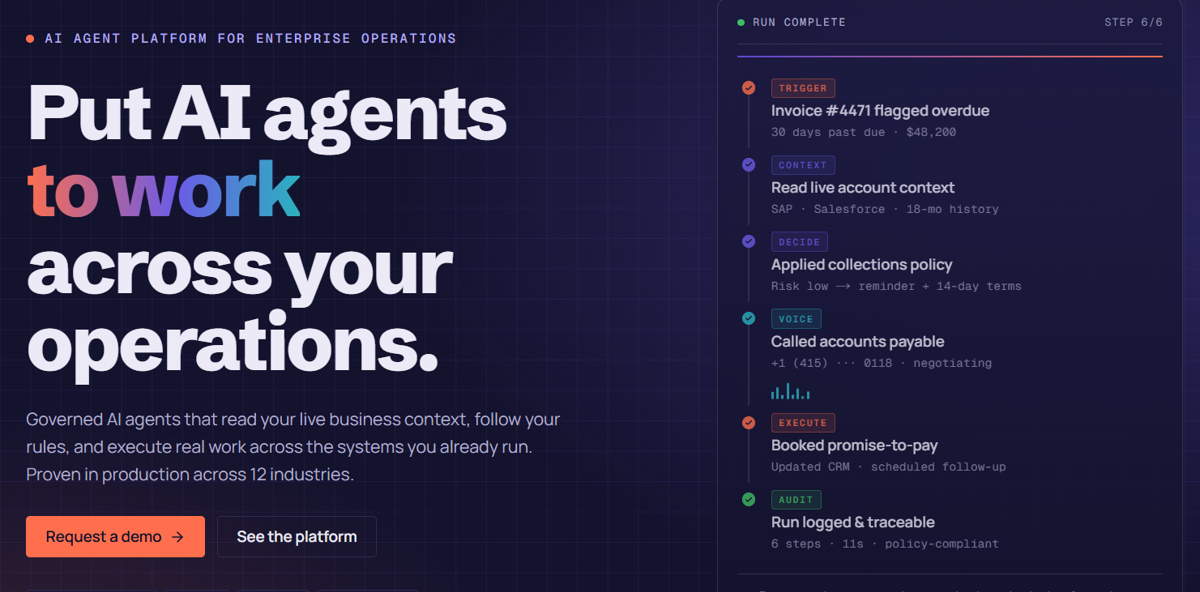 assistents.ai homepage, "Put AI agents to work across your operations", beside a sample agent run that moves from trigger through context, decision, voice call and execution to an audit log