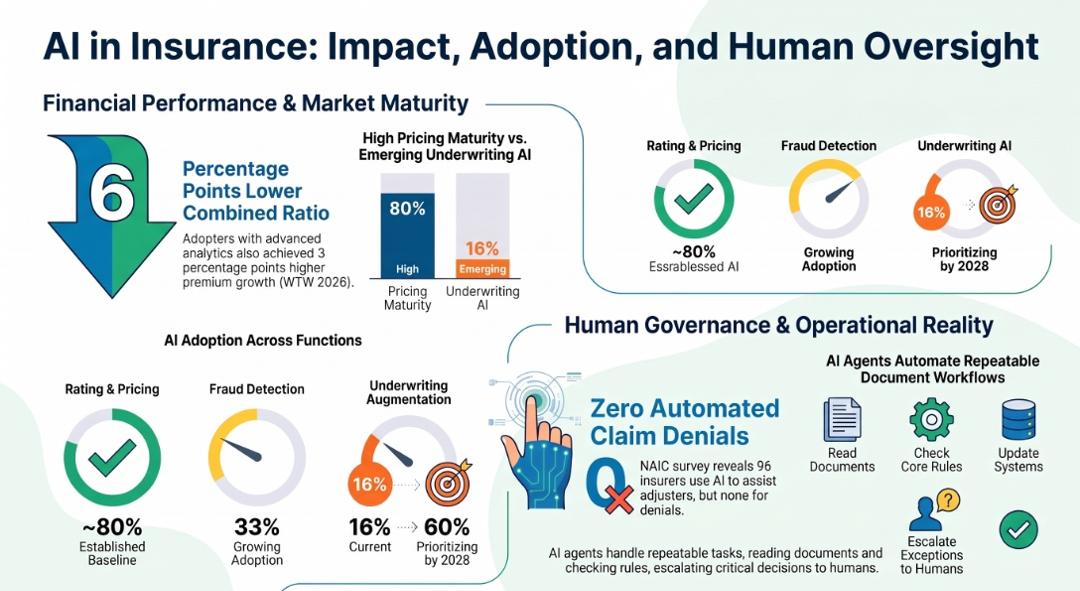 Infographic on AI in insurance covering financial impact for advanced adopters, AI adoption across rating and pricing, fraud detection and underwriting, and human oversight, including a NAIC finding that no surveyed insurer uses AI for claim denials