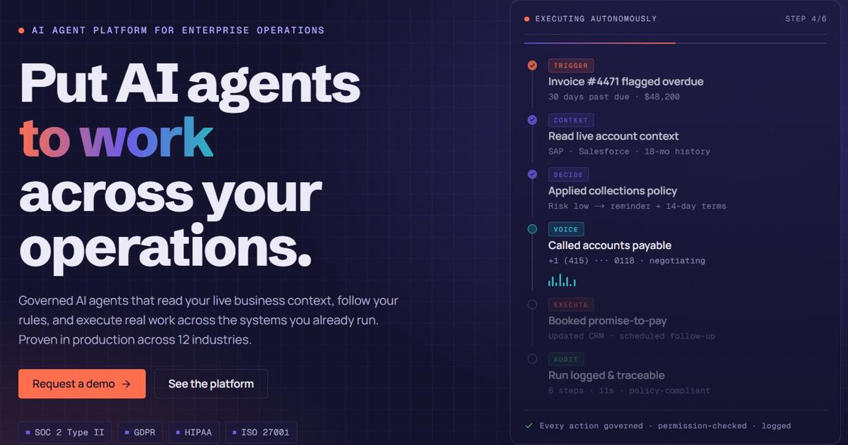 assistents.ai homepage showing governed AI agents for enterprise operations, with an agent run from an overdue-invoice trigger through account context, collections policy and a voice call, alongside SOC 2, GDPR, HIPAA and ISO 27001 badges
