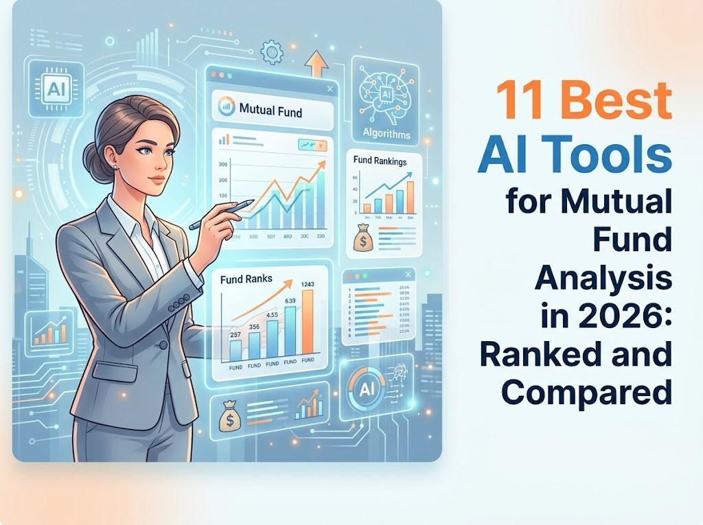 Businesswoman pointing at holographic AI dashboards showing mutual fund charts and fund rankings, illustrating the article '11 Best AI Tools for Mutual Fund Analysis in 2026: Ranked and Compared