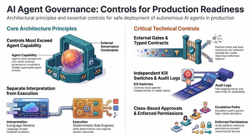 Infographic of AI agent governance controls for production readiness: controls that exceed agent capability, separating interpretation from execution, external gates and typed contracts, independent kill switches and audit logs, and class-based approvals