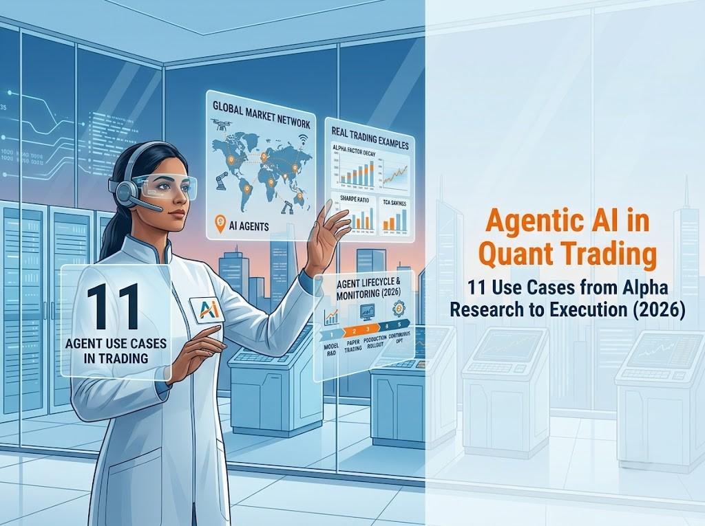 Illustration of a woman in a lab coat wearing AR glasses and a headset in a futuristic trading control room, interacting with holographic displays showing a global market network map, trading performance charts, and an AI agent lifecycle diagram. Text overlays read '11 Agent Use Cases in Trading' and title 'Agentic AI in Quant Trading: 11 Use Cases from Alpha Research to Execution (2026)