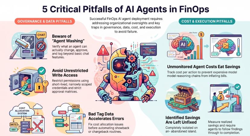Infographic of five pitfalls with AI agents in FinOps: agent washing, unrestricted write access, bad tag data, unmonitored agent costs, and identified savings that are never acted on
