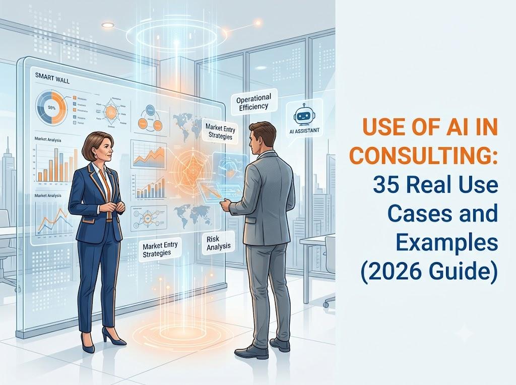 Two consultants reviewing an AI-powered data wall, next to the title 'Use of AI in Consulting: 35 Real Use Cases (2026 Guide)