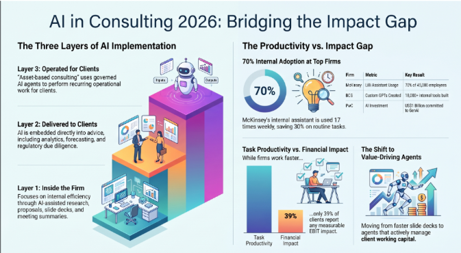 Infographic titled AI in Consulting 2026: Bridging the Impact Gap, showing three layers of AI implementation and the productivity versus financial-impact gap