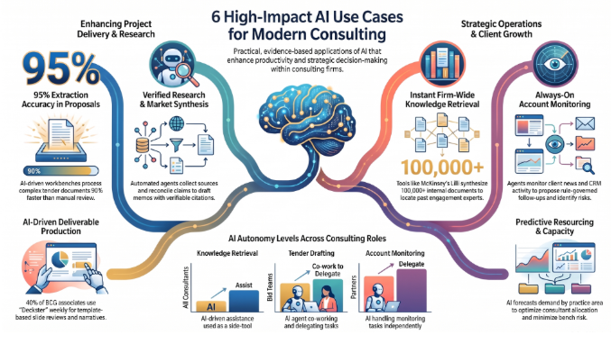 Infographic of six high-impact AI use cases inside a consulting firm, including proposal extraction, research synthesis, knowledge retrieval, account monitoring, deliverable production, and resourcing