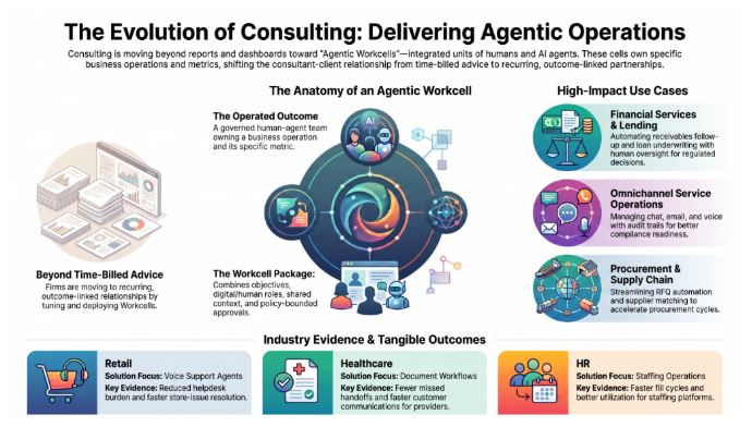 Infographic on consulting moving to Agentic Workcells, showing the workcell anatomy and use cases in financial services, service operations, procurement, retail, healthcare, and HR