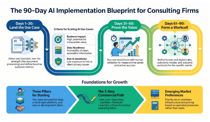Infographic of a 90-day AI implementation blueprint for consulting firms: land the use case, prove the value, then form a Workcell