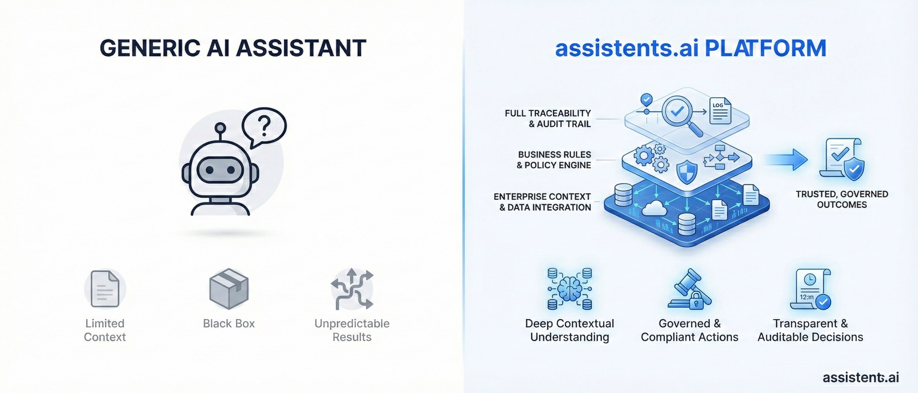 Comparison: generic AI assistant vs assistents with enterprise context, governance, and execution